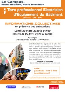 Réunions d’information collectives sur la formation “Électricien d’équipement du bâtiment”